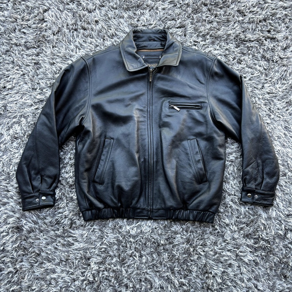 St Johns Bay Mens Large Black Genuine Leather Bomber Jacket Full Zip RN 93877